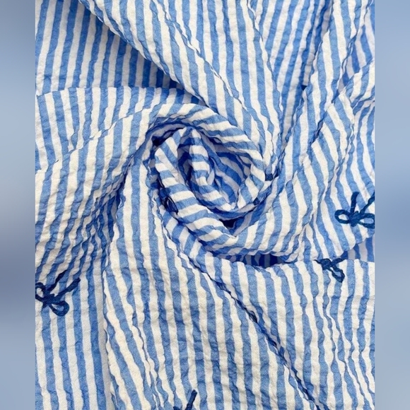 New Flirty Bow Embroidered Striped Ruched Waist Maxi Dress Blue White - Picture 7 of 9